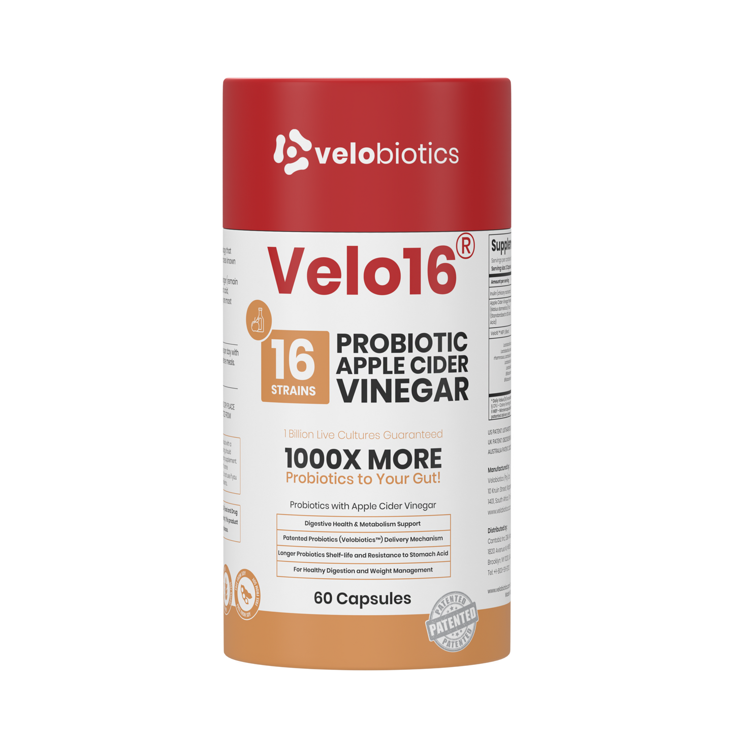 Velo16 Probiotics Apple Cider Vinegar supplement bottle with 16 strain probiotics and digestive support capsules