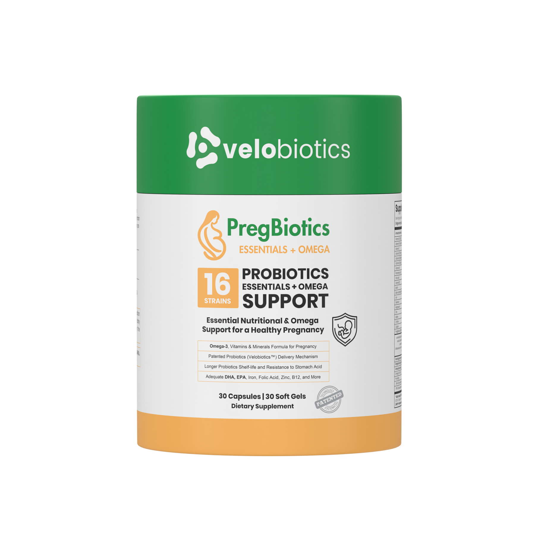 PregBiotics Essentials with Omega dietary supplement bottle featuring probiotics and Omega-3 support for pregnancy.