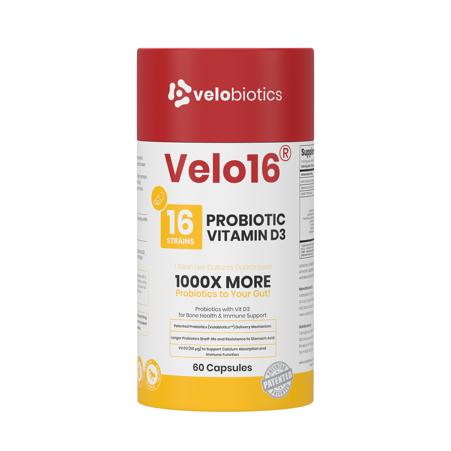 Velo16 Probiotics supplement bottle with Vitamin D3 for gut and immune health.