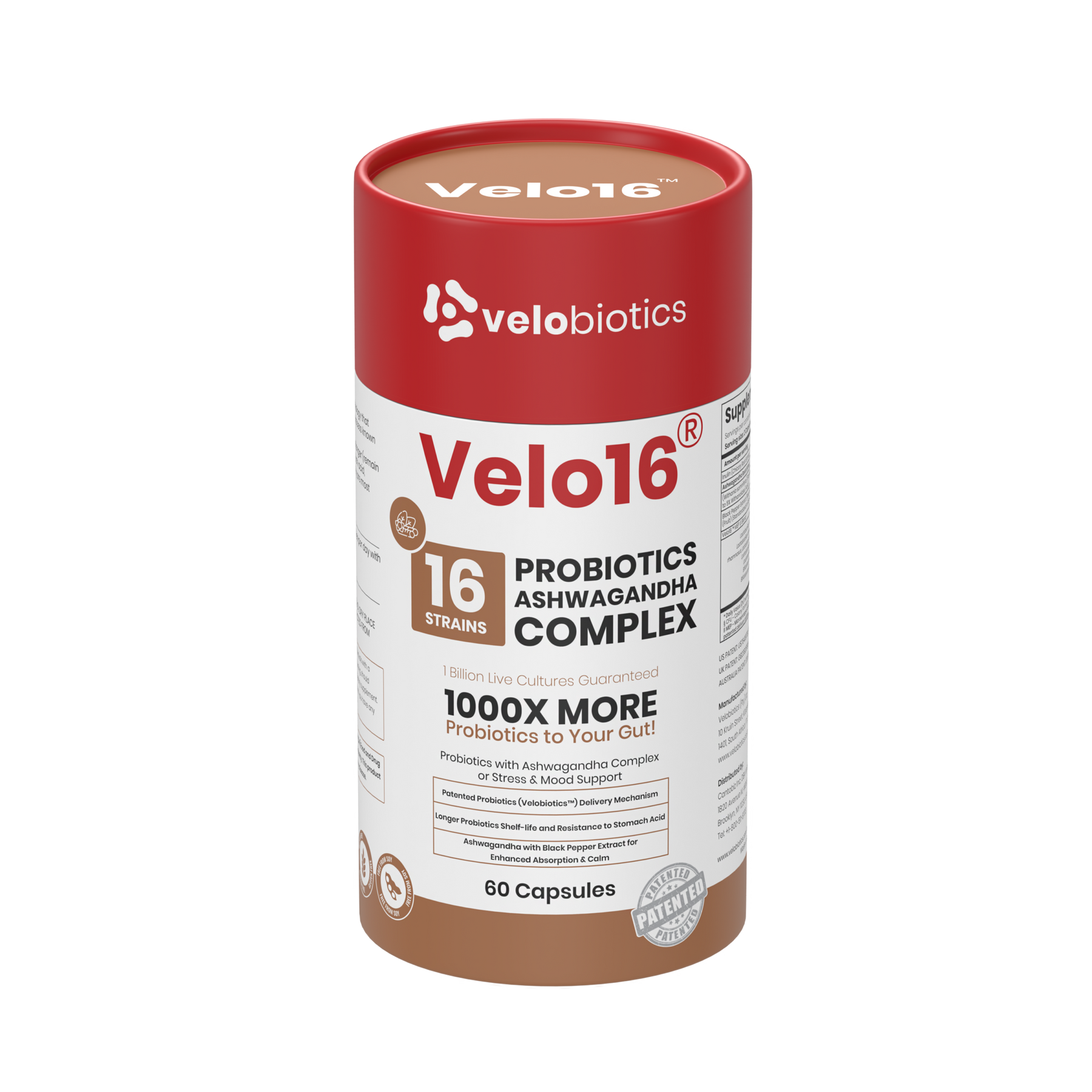 Velo16™ Probiotics Ashwagandha supplement bottle with calming and gut health benefits label