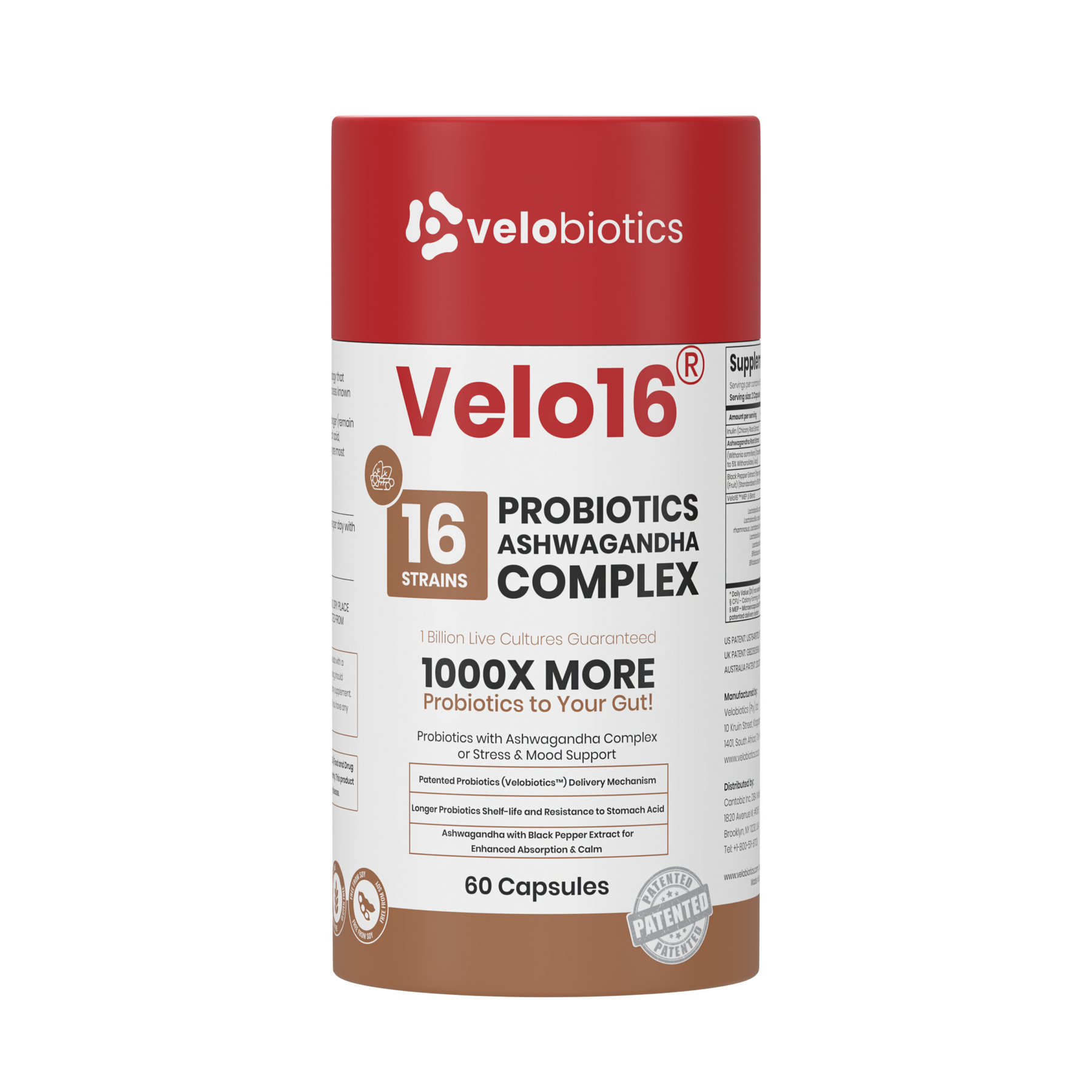 Velo16™ Probiotics Ashwagandha supplement bottle promoting stress relief and gut health with natural adaptogens and probiotics.