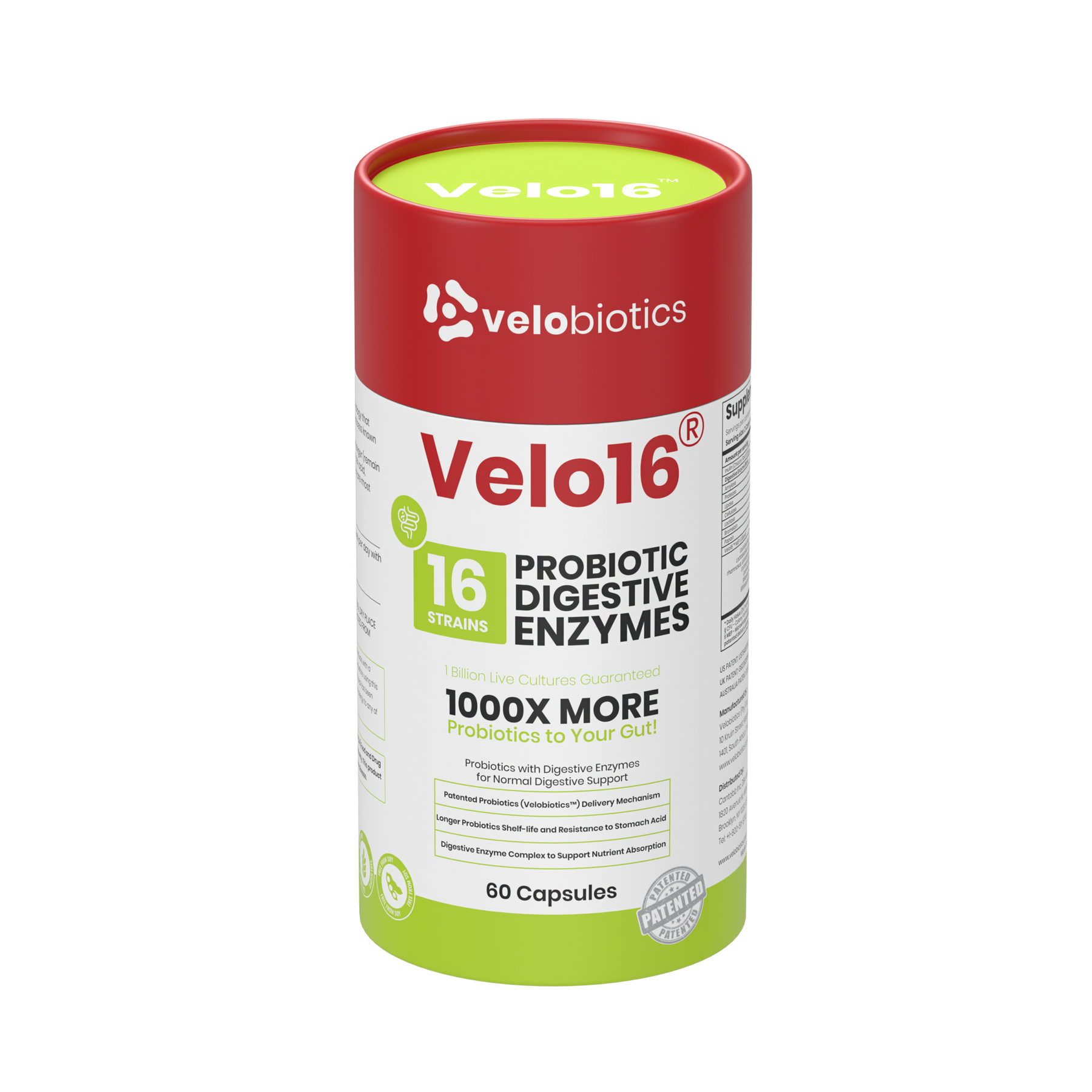Velo16 Probiotics + Digestive Enzymes Complex supplement bottle with 16 probiotic strains for digestive health and nutrient absorption.