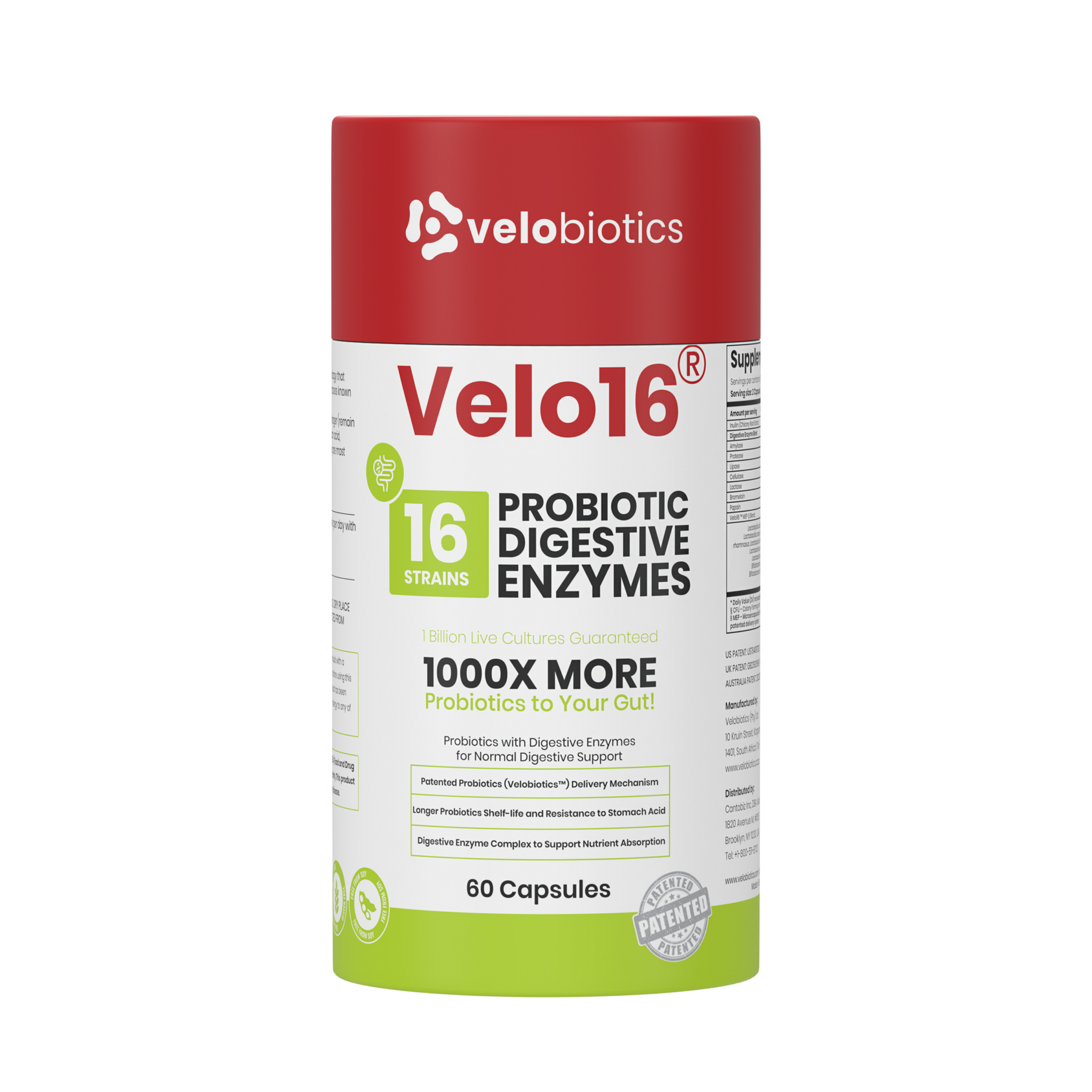 Velo16 Probiotics + Digestive Enzymes supplement bottle with 16 strains, 60 capsules for gut health and digestive support.