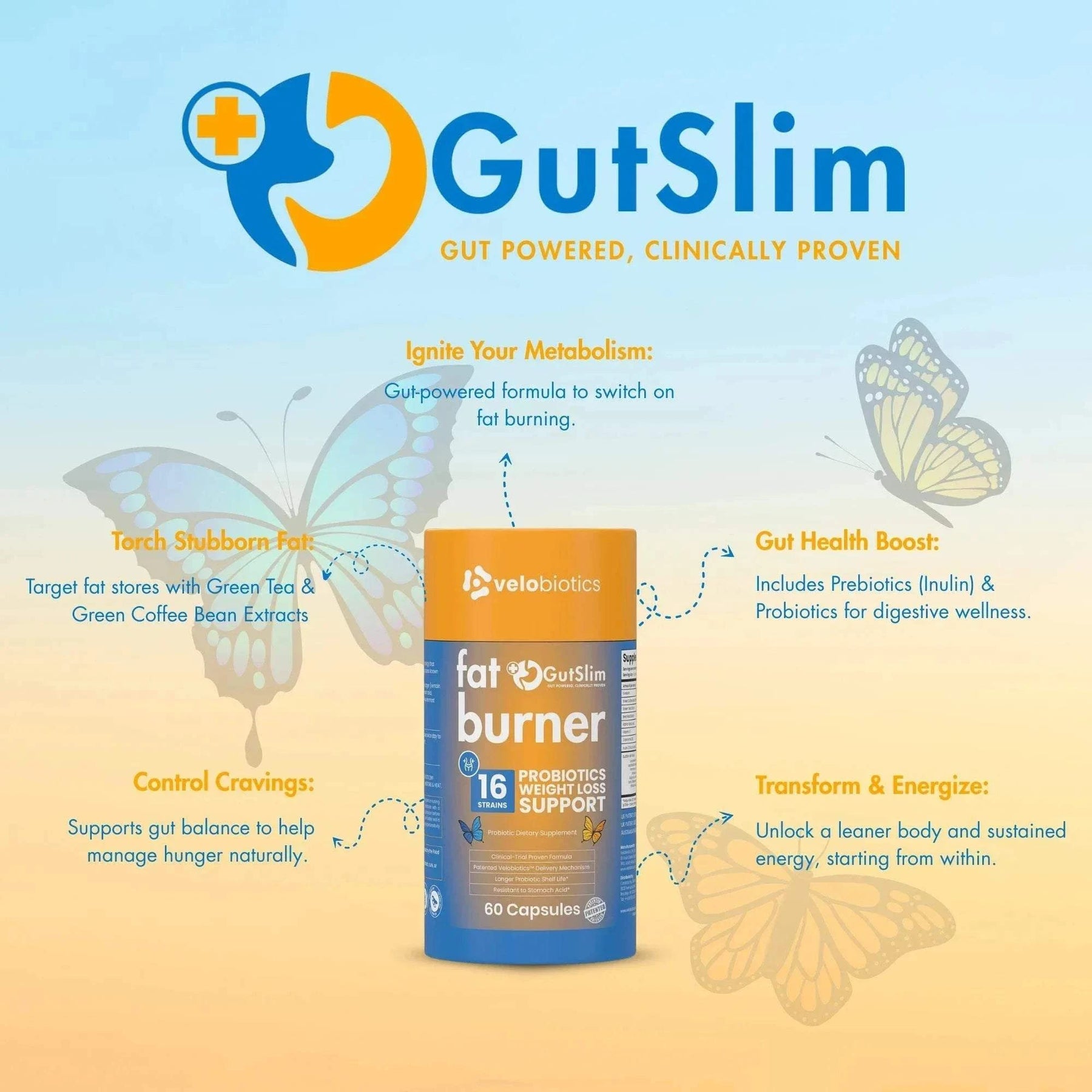 GutSlim Probiotics Fat Burner bottle with benefits like metabolism ignition, stubborn fat reduction, gut health boost, craving control, and energy transformation.
