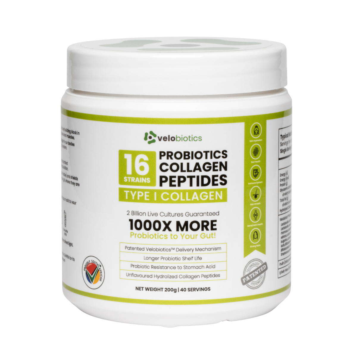 Probiotics Collagen Peptides powder container with Velobiotics branding, offering gut health and skin benefits.
