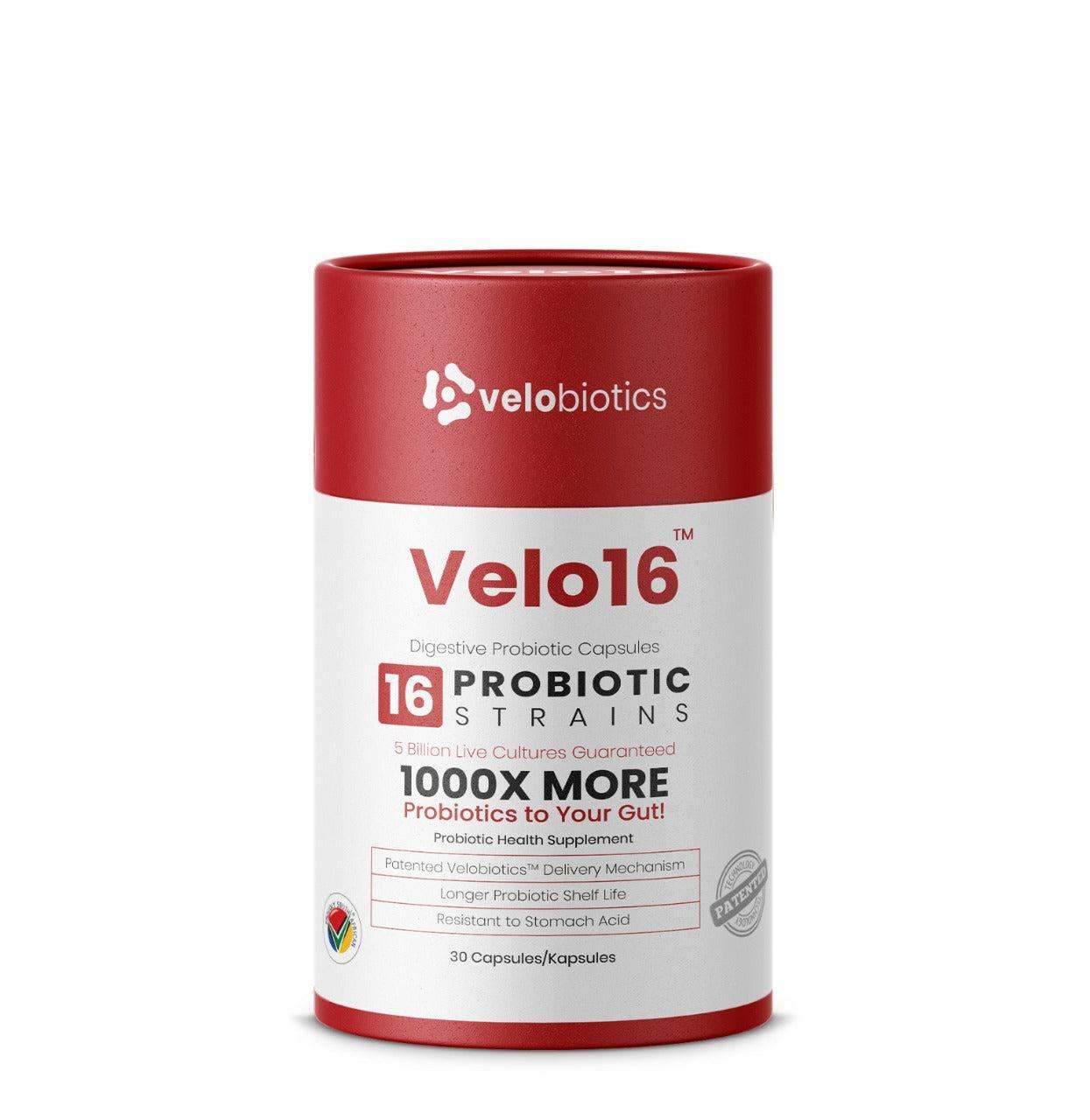 Velo16 Probiotic Capsules container with 16 probiotic strains for digestive health.