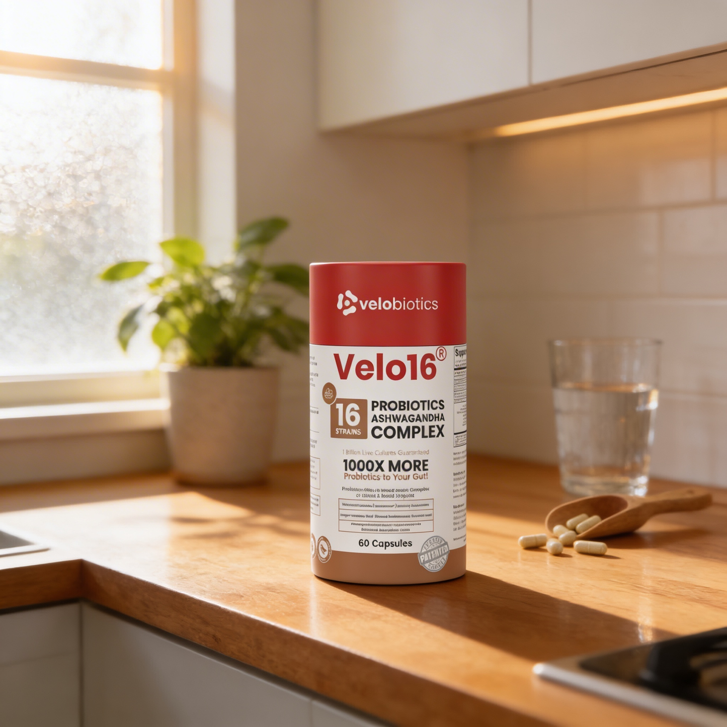 Velo16™ Probiotics Ashwagandha supplement bottle with natural stress relief and gut health benefits