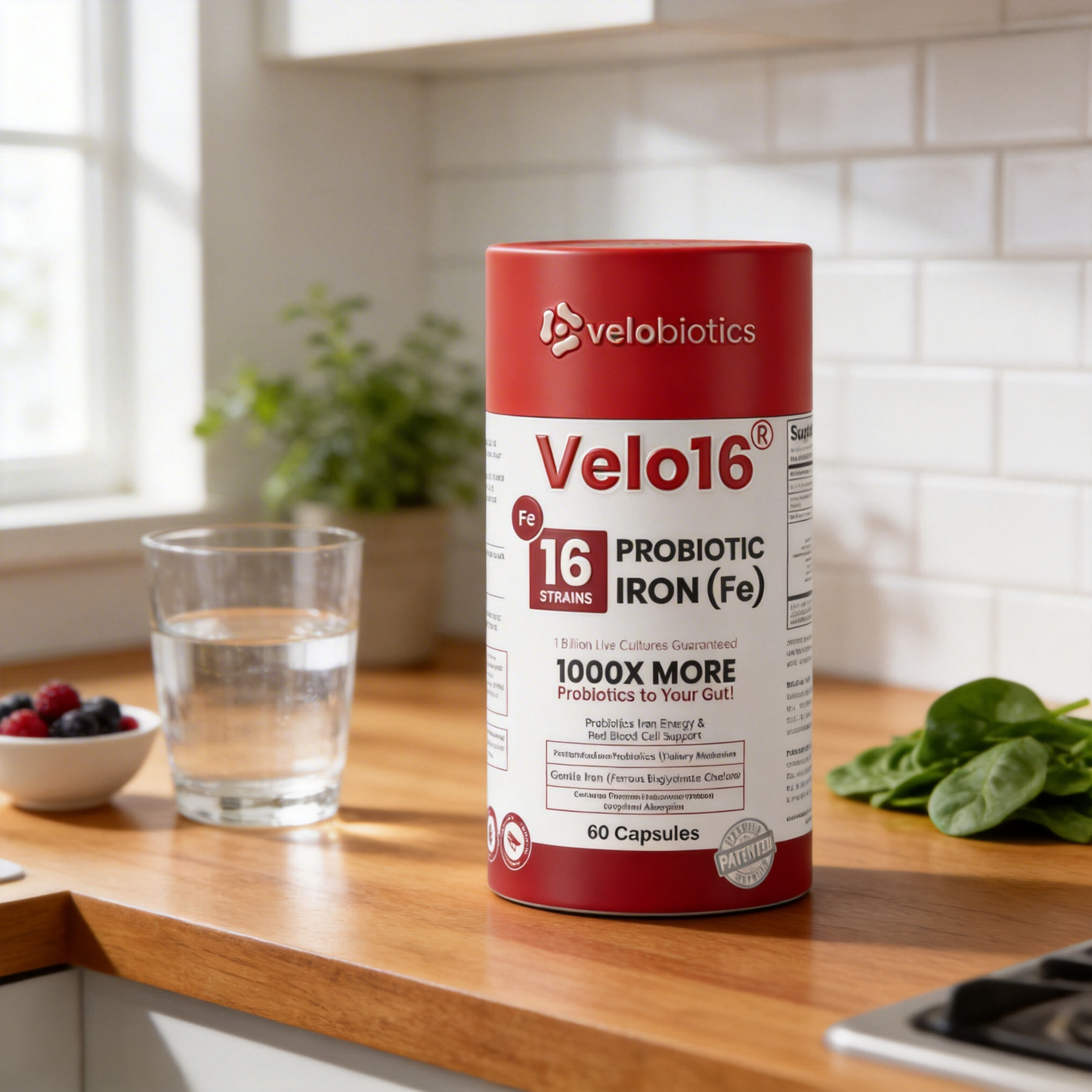 Velo16 Probiotics + Iron supplement bottle promoting gut health and energy support