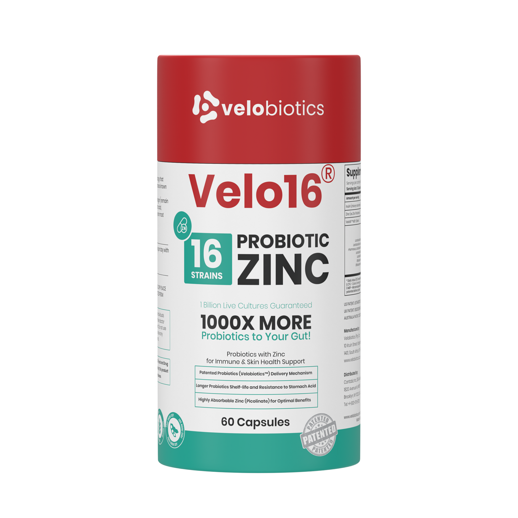 Velo16 Probiotics + Zinc supplement bottle with 16 strains and 60 capsules for gut health and immune support
