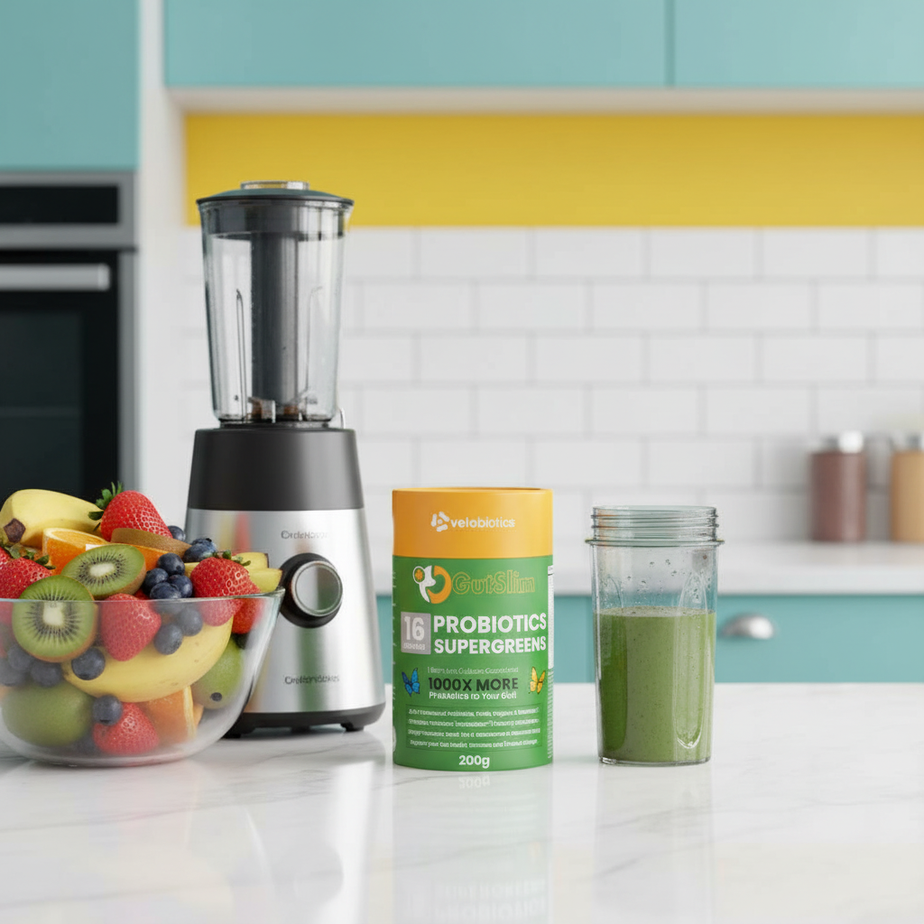 GutSlim Probiotics SuperGreens container with blender, green smoothie, and fresh fruits on kitchen counter for gut health and digestion.