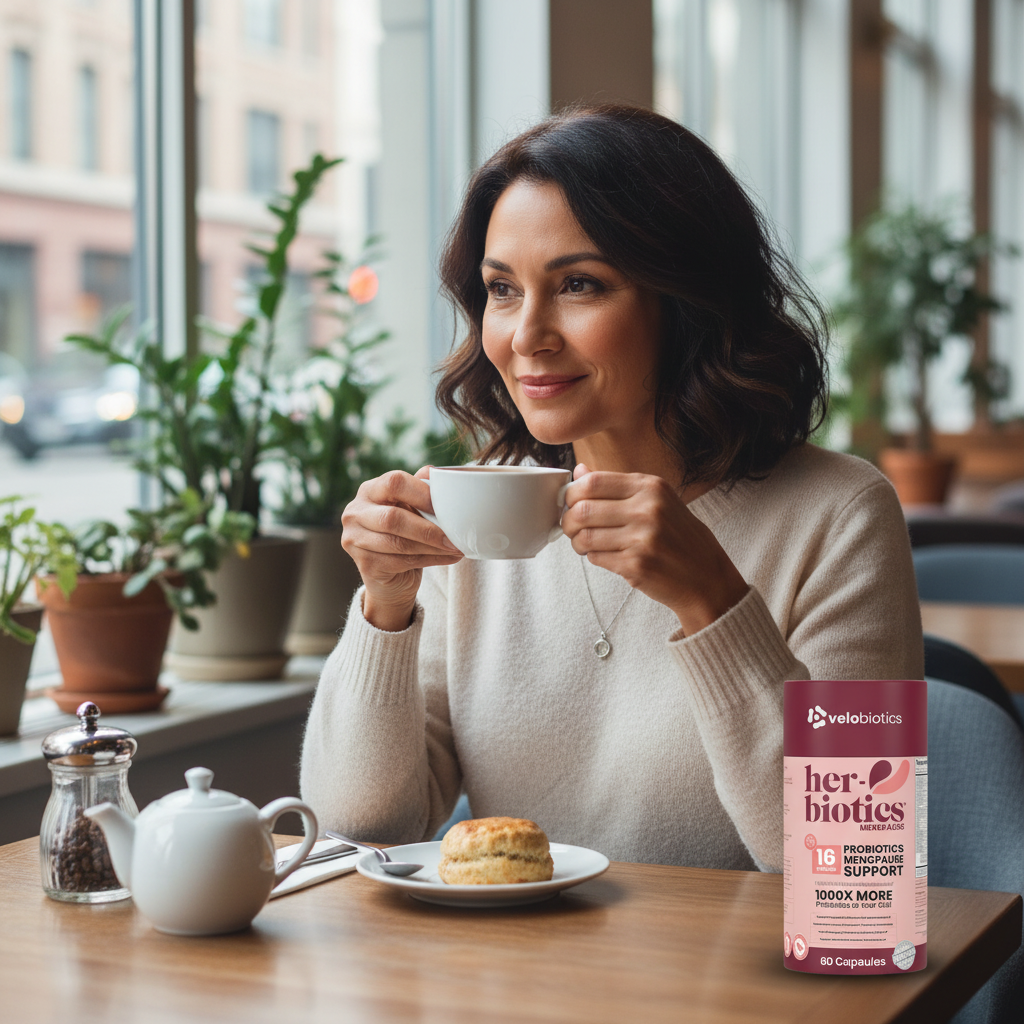 Woman enjoying tea at a cafe with Her-Biotics Probiotics Menopausal Support supplement on the table
