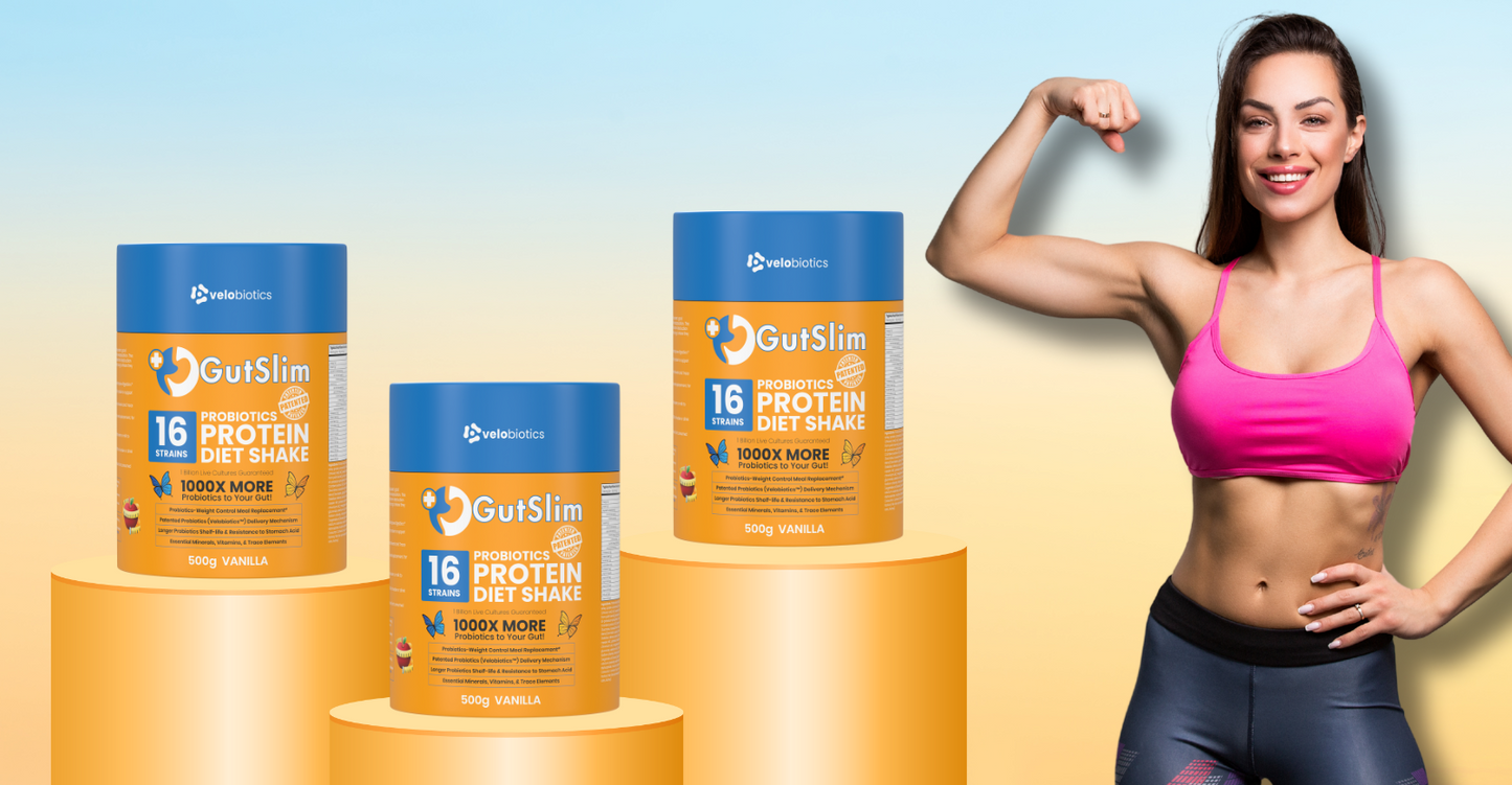 GutSlim Probiotics Diet Shake displayed with a fit woman flexing muscles against a gradient background.