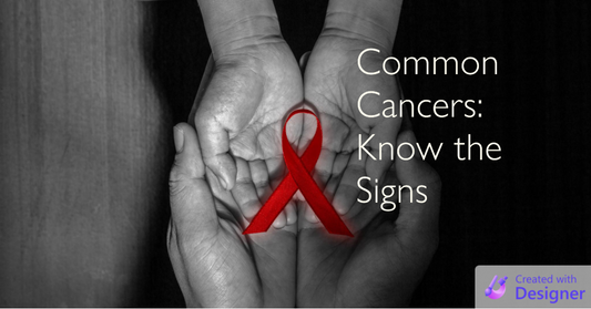 Hands holding a red awareness ribbon with text "Common Cancers: Know the Signs" highlighting most likely cancers awareness and prevention