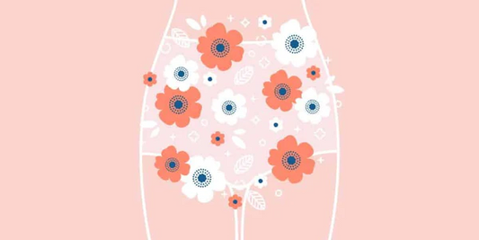 Illustration of female lower abdomen with flowers symbolizing probiotics for vaginal health