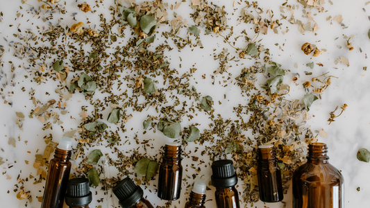 Brown glass bottles with dried herbs scattered around, natural remedies for endometriosis treatment.