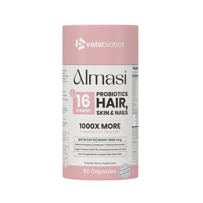 Almasi Probiotics Skin supplement bottle with 60 capsules for hair, skin, and nails health with 16 probiotic strains and biotin boost