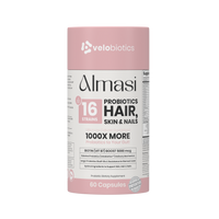 Almasi Probiotics Skin supplement bottle with 60 capsules for hair, skin, and nails health with 16 probiotic strains and biotin boost