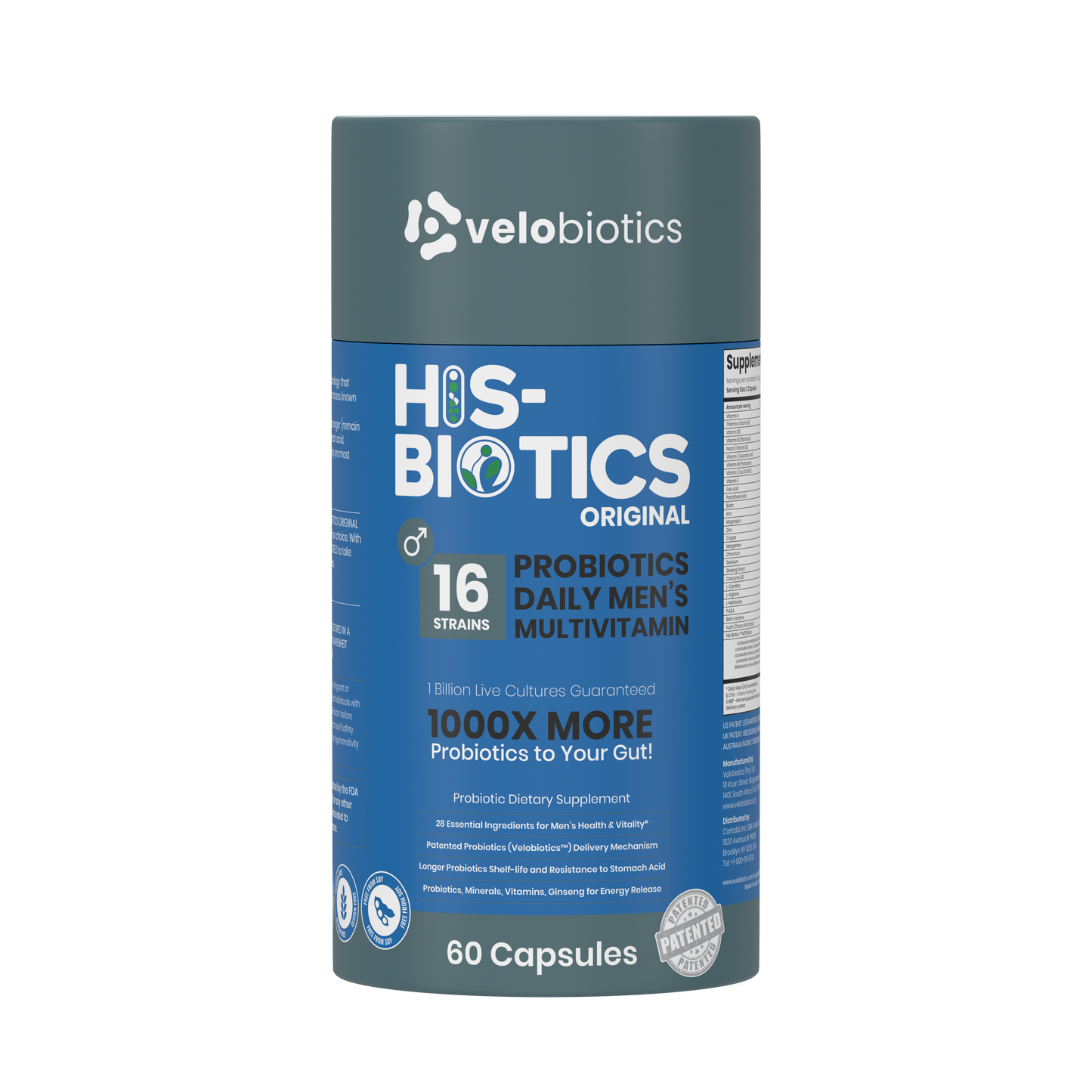 His-Biotics Original Capsules men's multivitamin with 16 probiotic strains for gut health and vitality, 60 capsules bottle.