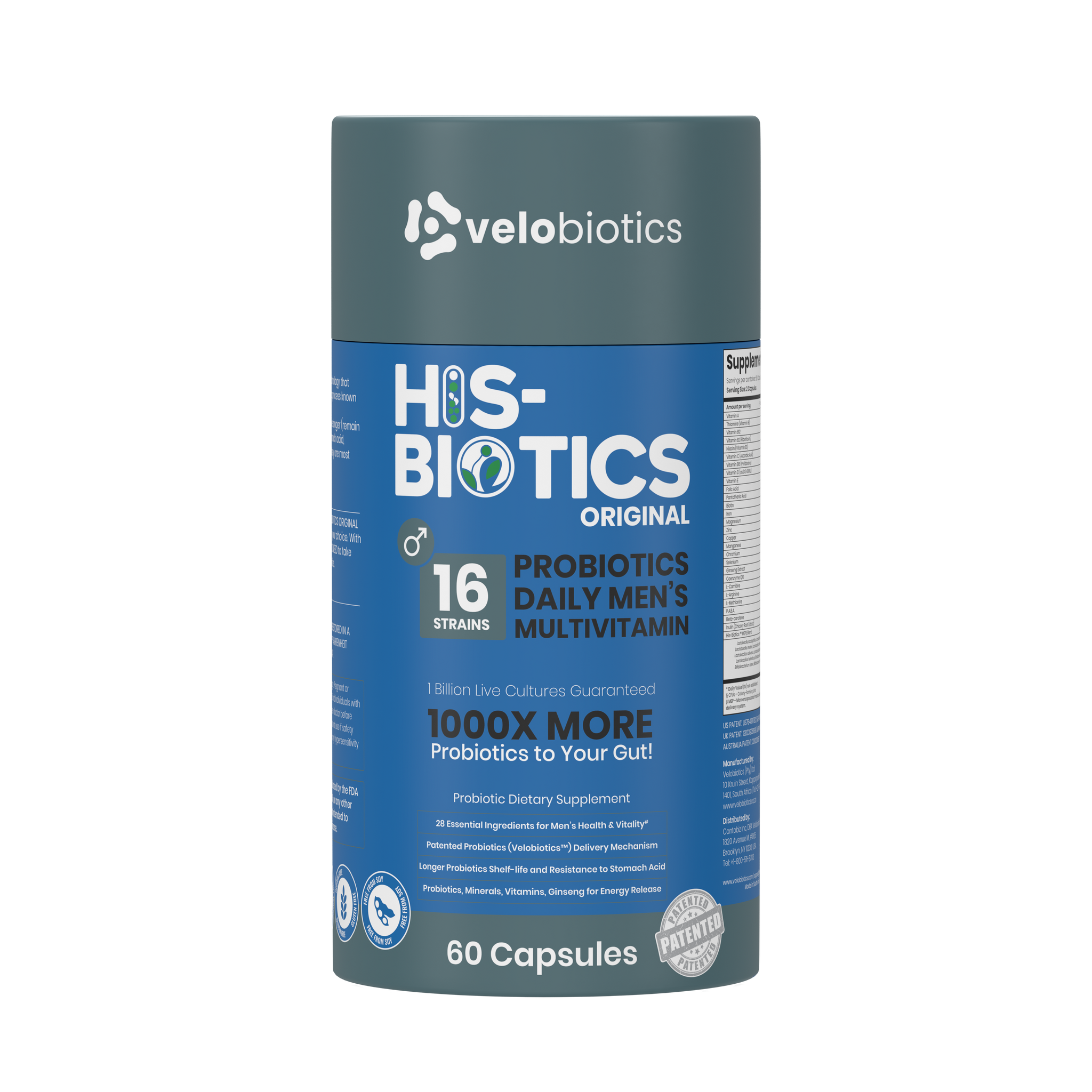His-Biotics Original Capsules men's multivitamin with 16 probiotic strains for gut health and vitality, 60 capsules bottle.