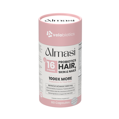 Almasi Probiotics Skin, Hair & Nails supplement bottle with 16 probiotic strains and biotin for beauty and health support