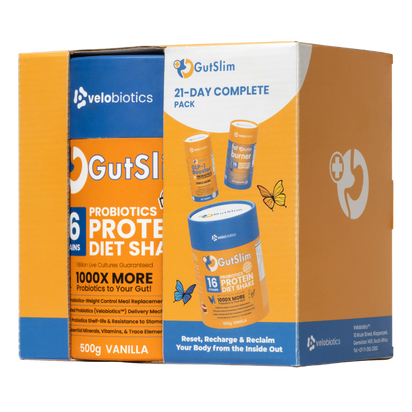 21-Day GUTSLIM Complete Pack with probiotics fat burner, GLP-1 booster, and protein diet shake for fat loss and appetite control