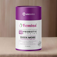 Velobiotics Femina probiotic capsules for gut and intimate health with cranberry extract in purple container