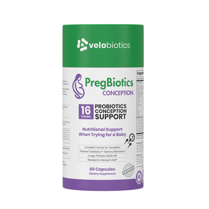 PregBiotics Conception probiotic supplement with 16 strains for conception support, 60 capsules dietary formula.
