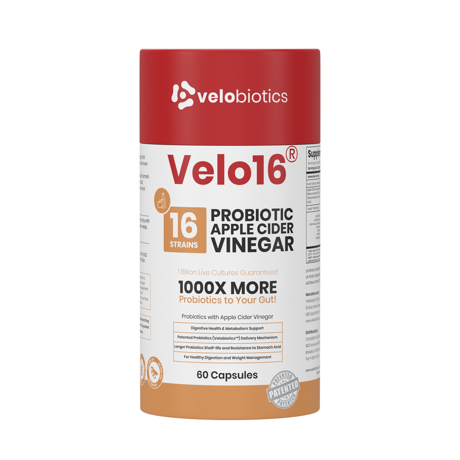 Velo16 Probiotics Apple Cider Vinegar supplement bottle with 16 strains, 60 capsules for digestive and metabolic health support