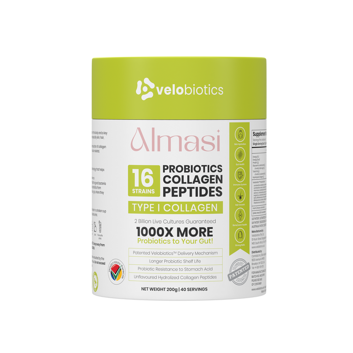 Velo16 Probiotic Digestive Capsules Almasi collagen peptides powder container for gut health and skin elasticity