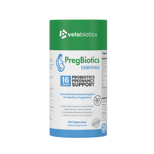 PregBiotics Essentials prenatal supplement with 16 probiotic strains and essential vitamins for pregnancy support.