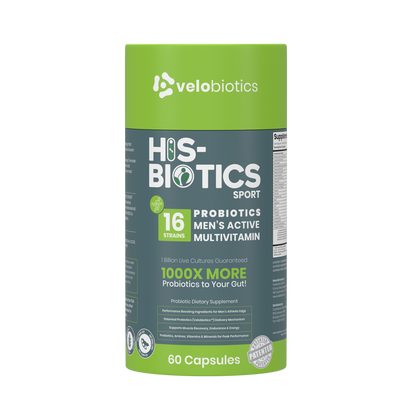 His-Biotics Probiotics SPORT multivitamin capsules for men's active gut health and athletic performance with 16 probiotic strains and Velobiotics delivery.