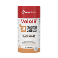 Velo16 Probiotics Apple Cider Vinegar supplement bottle with 16 strain probiotics and digestive support capsules