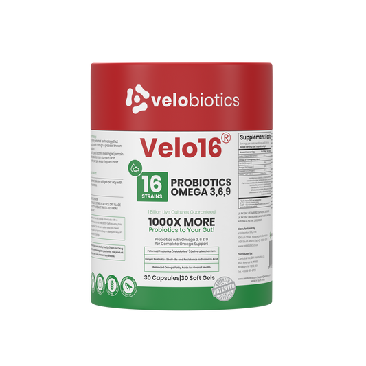 Velo16 Probiotics Omega 3 6 9 supplement bottles with capsules and soft gels for gut health and cognitive support