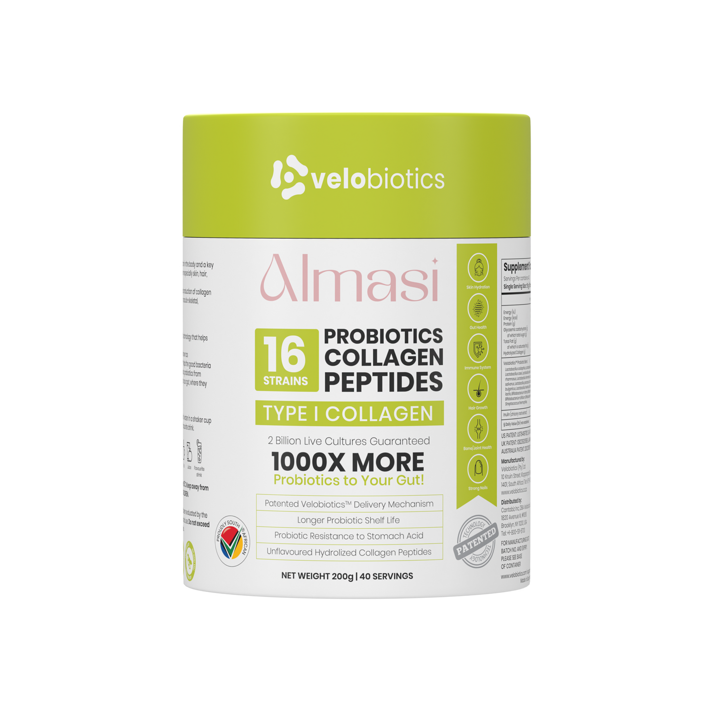 Almasi Probiotics Collagen Powder 200g container with 16 probiotic strains and type I collagen peptides for skin, hair, and nail health.