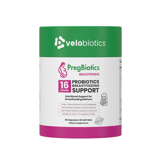 PregBiotics Breastfeeding supplement with 16 probiotic strains, Omega-3, vitamins, and minerals for postnatal and breastfeeding support.
