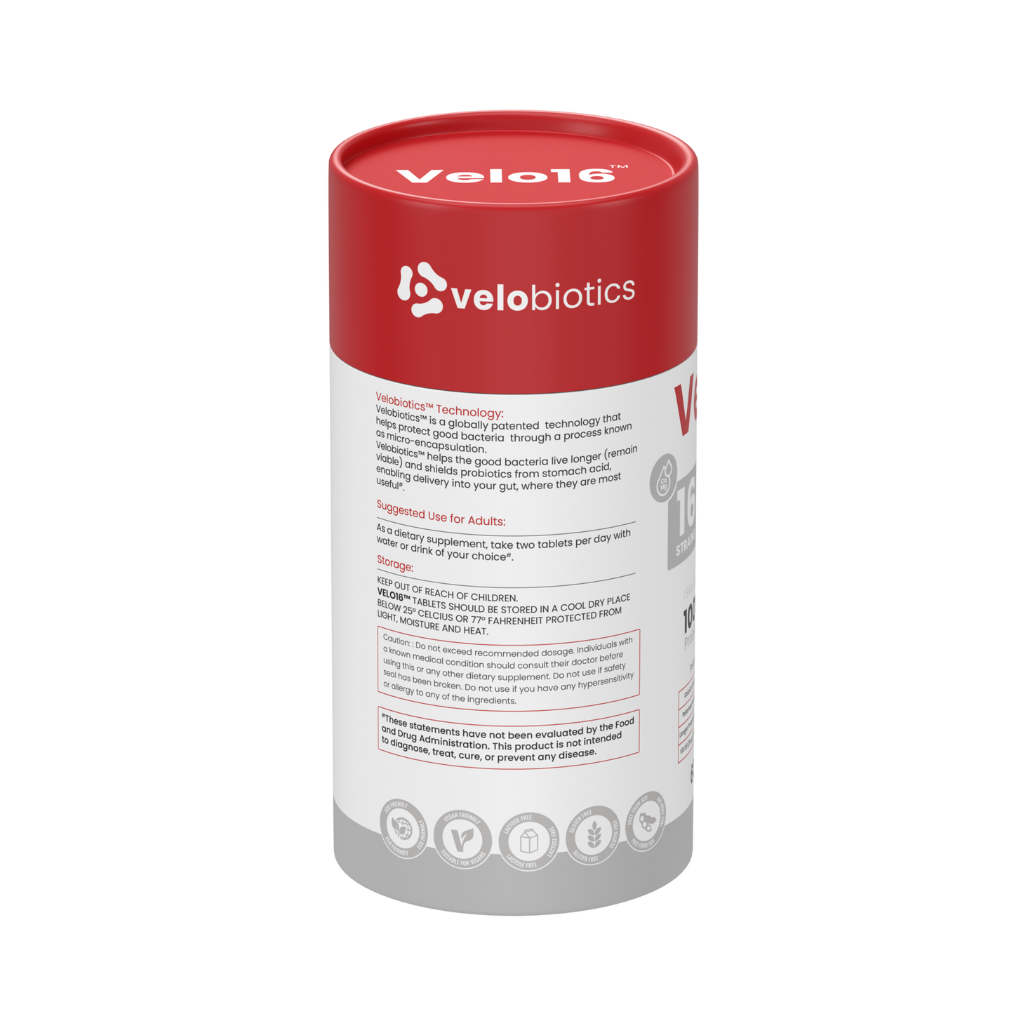 Velo16 Probiotics supplement bottle with calcium and magnesium for bone and gut health support