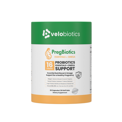 PregBiotics Essentials with Omega dietary supplement bottle featuring probiotics and Omega-3 support for pregnancy.