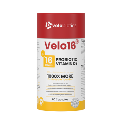 Velo16 Probiotics supplement bottle with Vitamin D3 for gut and immune health.