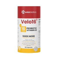 Velo16 Probiotics supplement bottle with Vitamin D3 for gut and immune health.