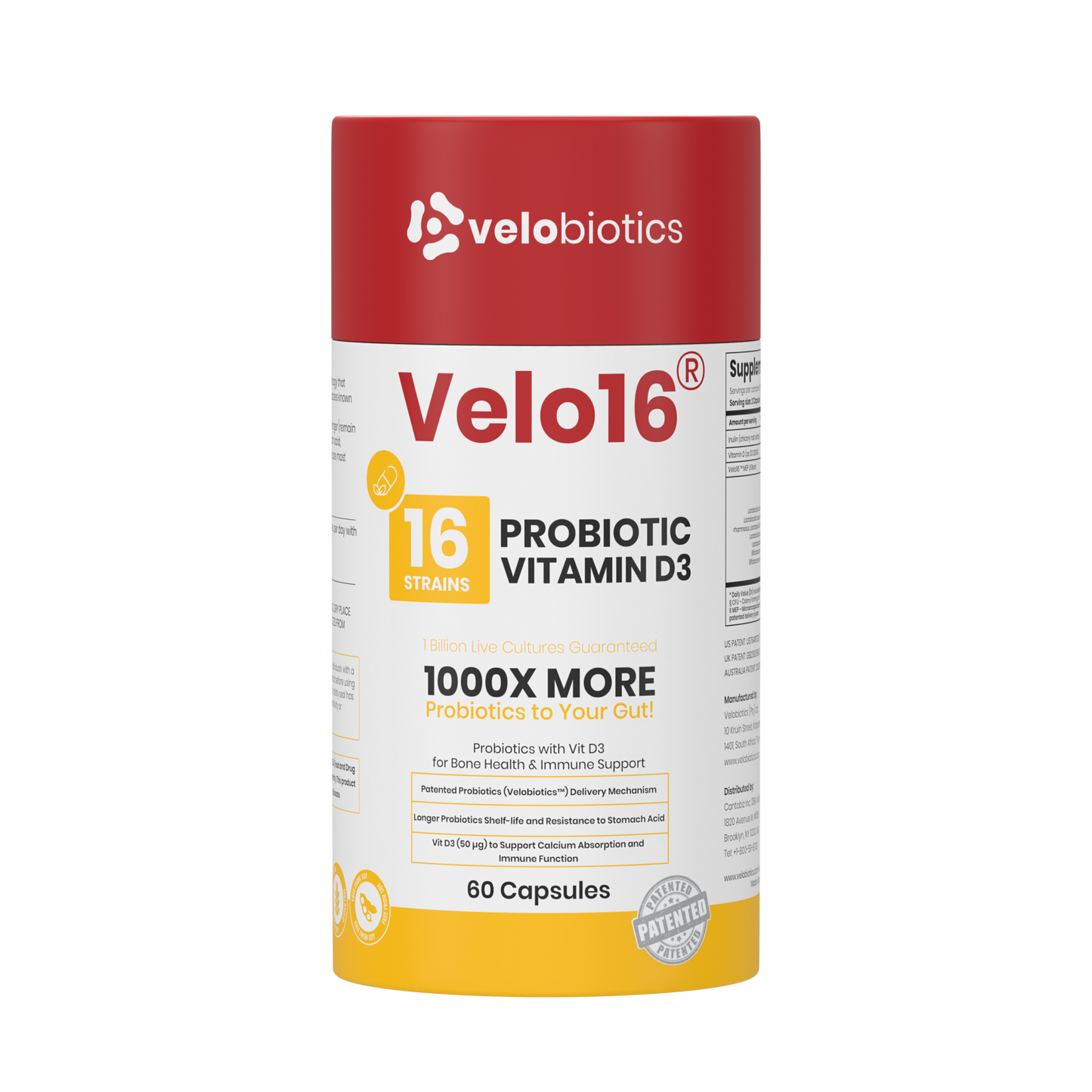 Velo16 Probiotics supplement bottle with Vitamin D3 for gut and immune health.