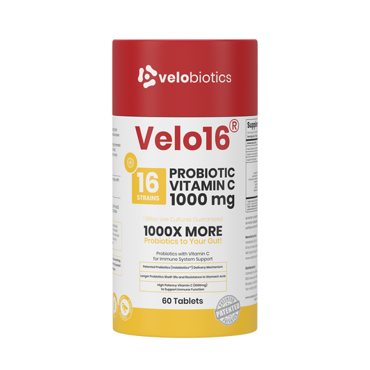 Velo16 Probiotics Vitamin C supplement container with 16 strains probiotics and 1000mg Vitamin C for immune and gut health support, 60 tablets.
