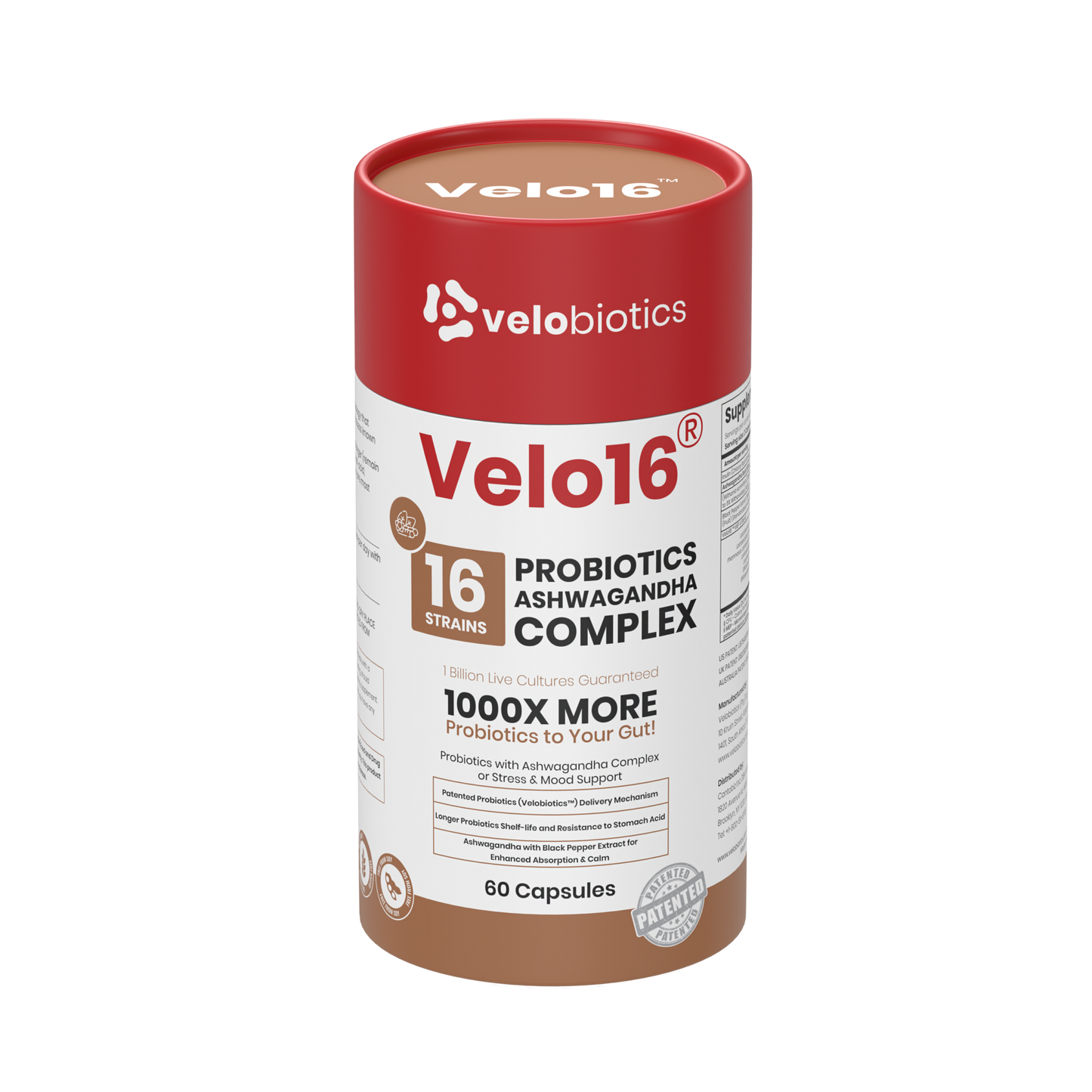 Velo16™ Probiotics Ashwagandha supplement bottle with calming and gut health benefits label