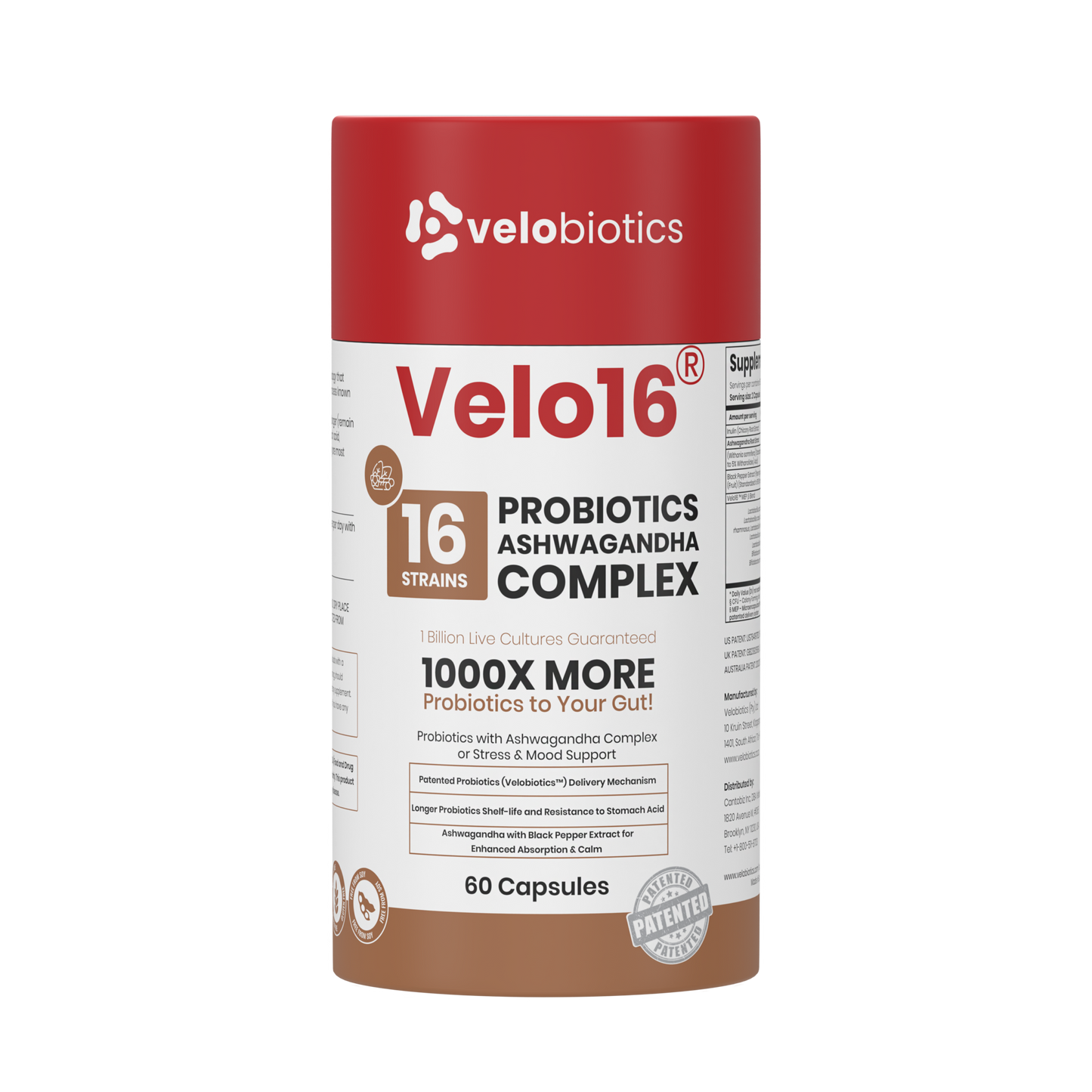 Velo16™ Probiotics Ashwagandha supplement bottle promoting stress relief and gut health with natural adaptogens and probiotics.