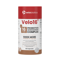 Velo16™ Probiotics Ashwagandha supplement bottle promoting stress relief and gut health with natural adaptogens and probiotics.
