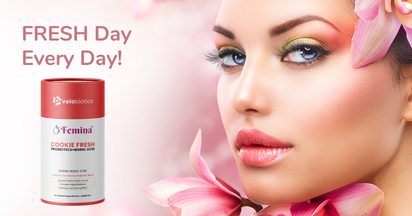 Femina™ Cookie Fresh probiotics and boric acid suppositories for intimate health, featuring refreshing floral imagery.