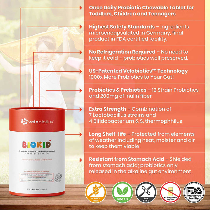 BioKid™ Probiotics Chewables for Toddlers, Children, and Teenagers with Velobiotics™ Technology.
