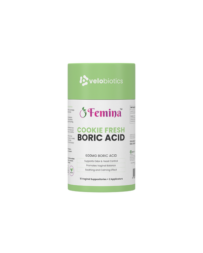 Femina Cookie Fresh Boric Acid suppositories for intimate health with 600mg boric acid, odor control, and soothing relief.
