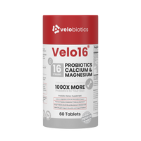 Velo16 Probiotics supplement with Calcium and Magnesium for bone, muscle, and gut health, 60 tablets container