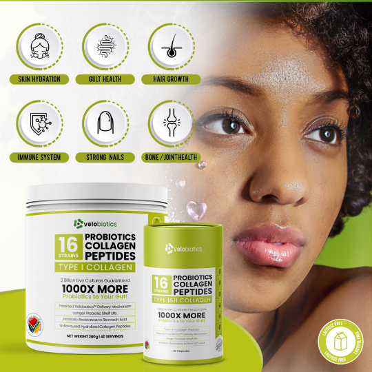Probiotics Collagen Peptides for skin hydration, hair growth, and bone health.