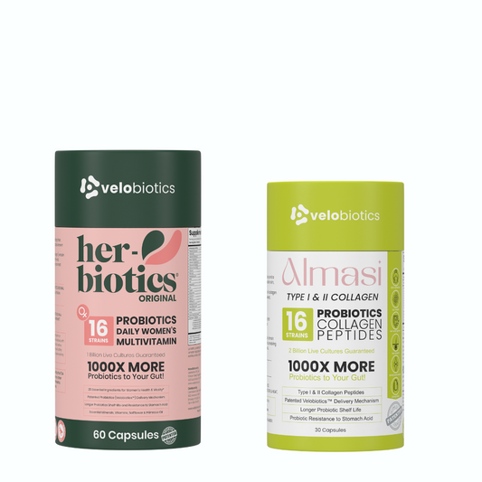 Her Glow Combo with Her-Biotics Original probiotics and Almasi collagen capsules for gut health and radiant skin